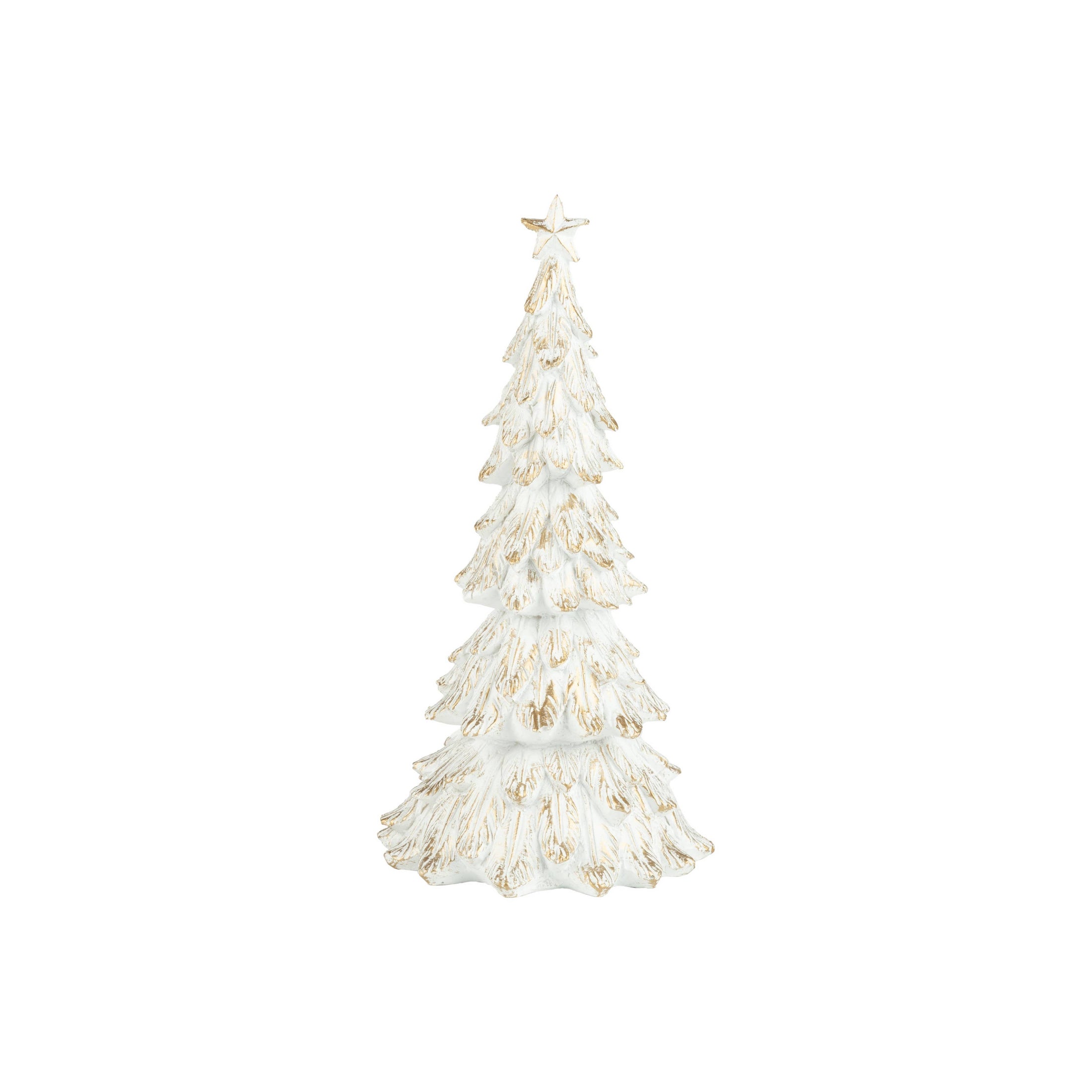 A21699: Pntd resin tbltp fir tree,white,gold wash finish,8in-Kind Reason Co.