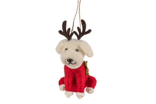 Felt baby white puppy with Antlers Ornament