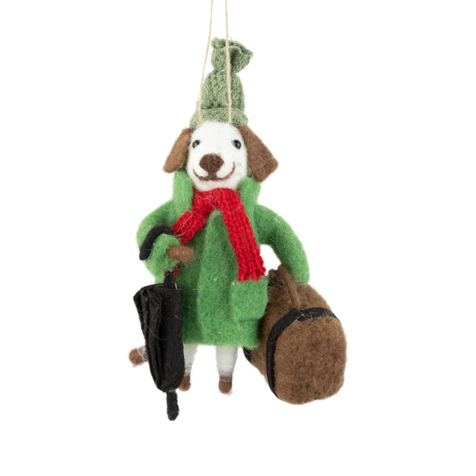 Felt dog ornament with umbrella & brown bag