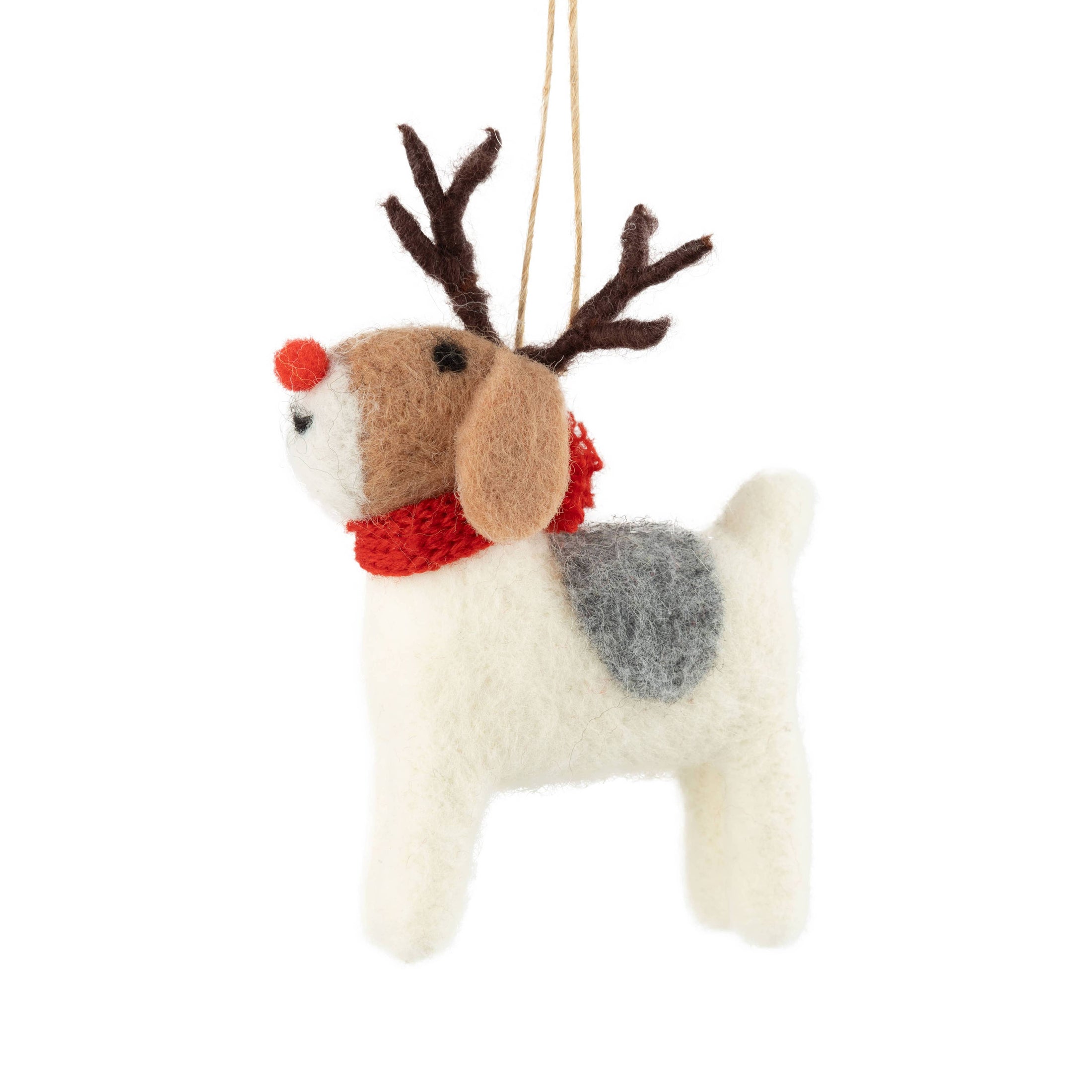 A22436: Felt standing white dog with antlers ornament,4.75in-Kind Reason Co.