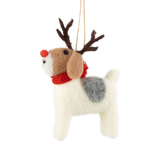A22436: Felt standing white dog with antlers ornament,4.75in-Kind Reason Co.