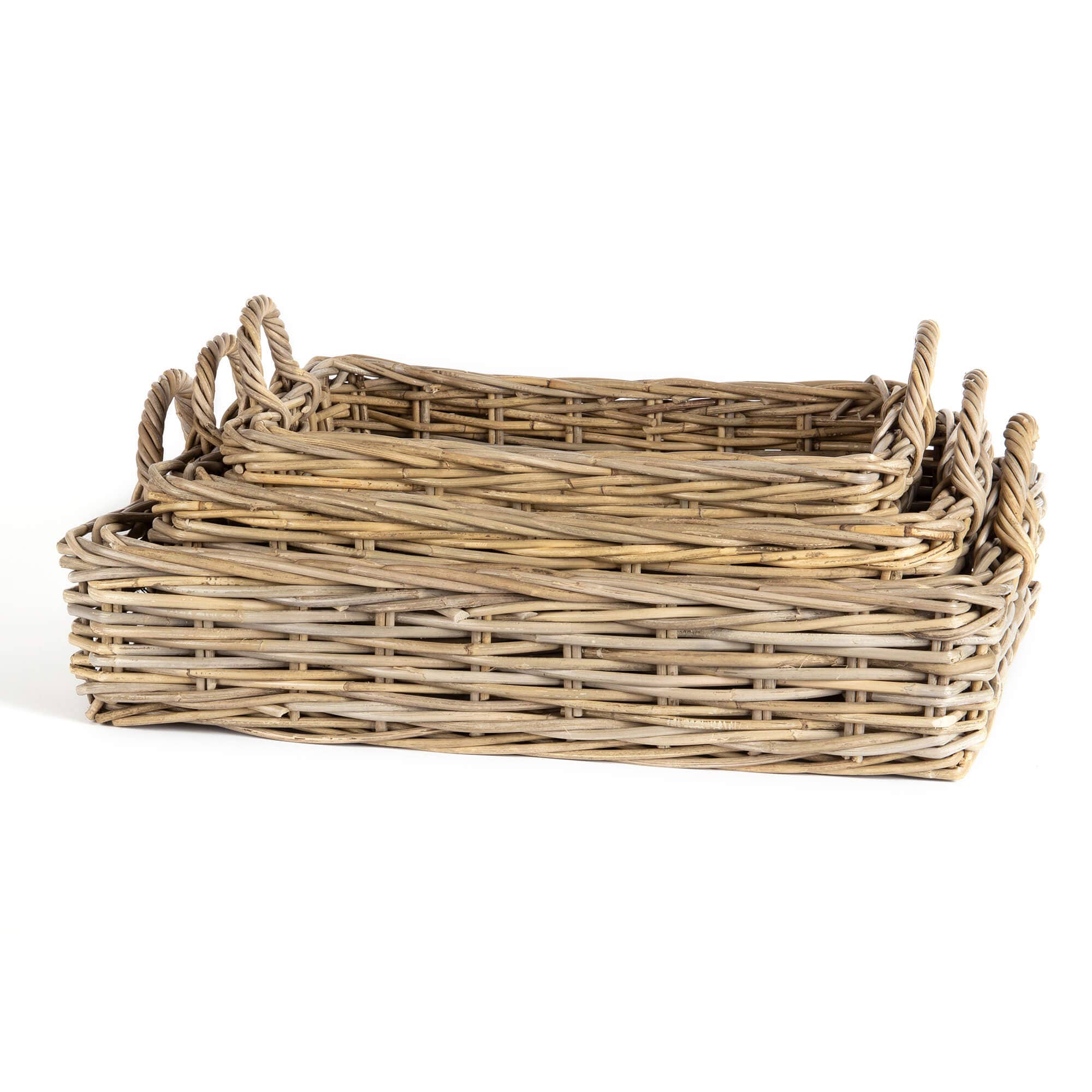 S/3 LOW RECTANGULAR GREY RATTAN TRAYS-Kind Reason Co.