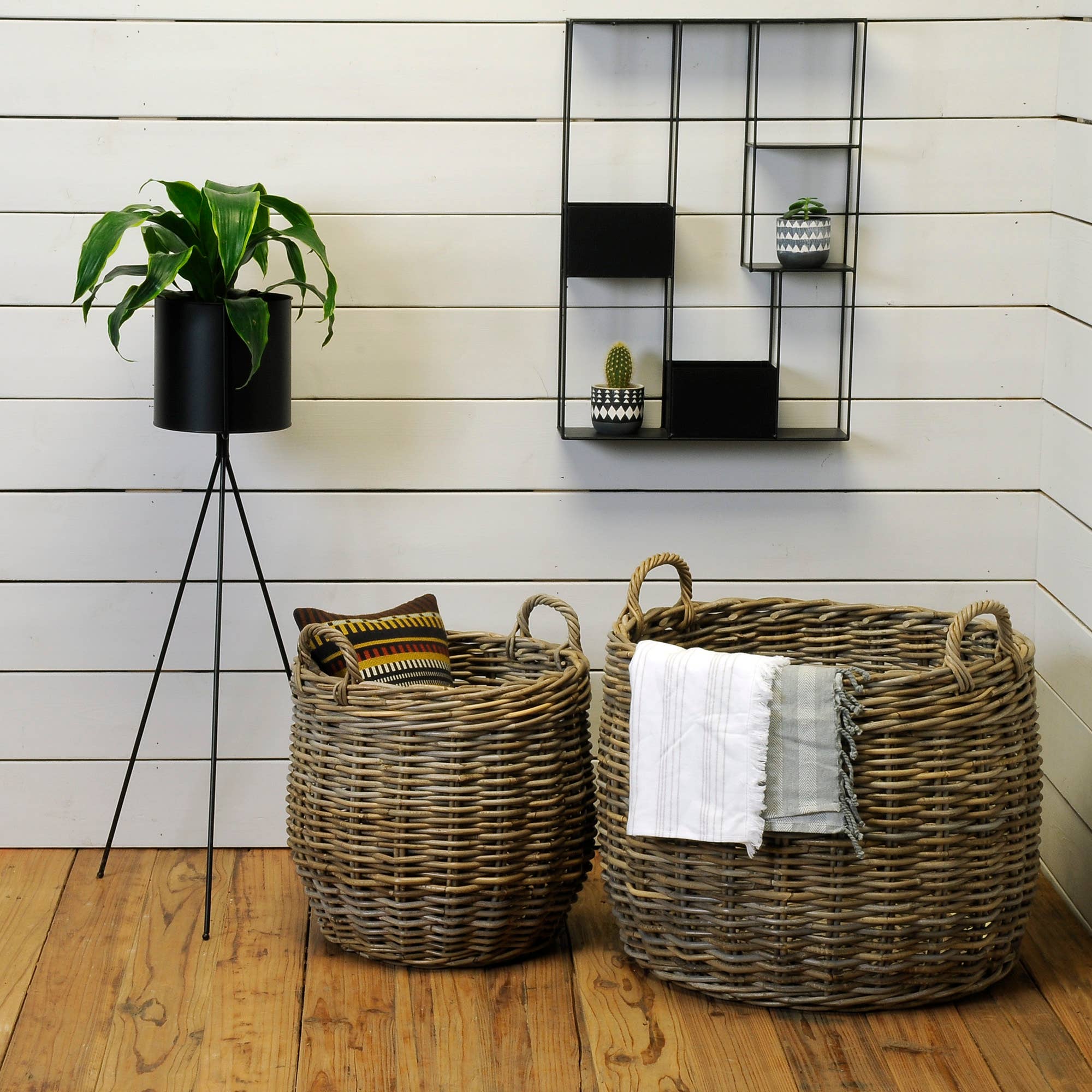 Rattan 2 Piece Basket Set - Large Size with Big Handles-Kind Reason Co.