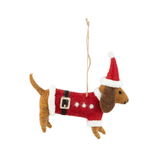 Felt dog ornament in a Santa sweater