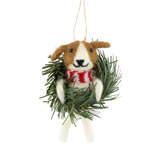 A22437: Felt dog in wreath orn with red and white scarf,4in-Kind Reason Co.