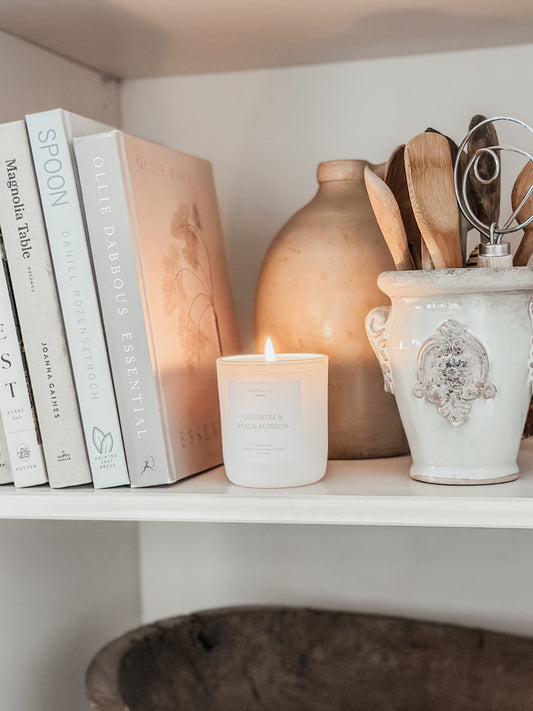 Luxury coconut wax candle with peach blossom and cashmere fragrance by Kind Reason Co 