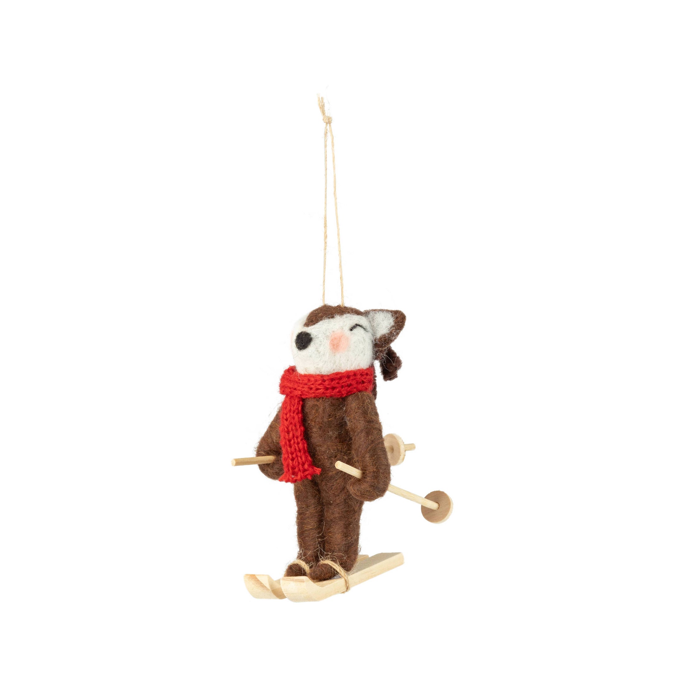 Wood & felt reindeer,skis ornament ,brown body,red scarf,4in